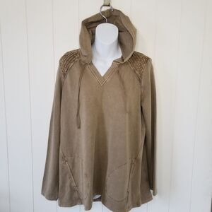 LOGO Lori Goldstein Hooded Tunic Top Size Small Tan Brown Long Sleeve Lounge